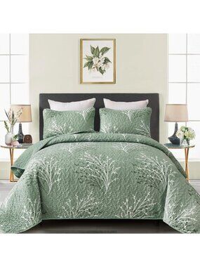 Sage Green Queen Quilt Set - Botanical Branch Design, Cozy Bedspread & Shams